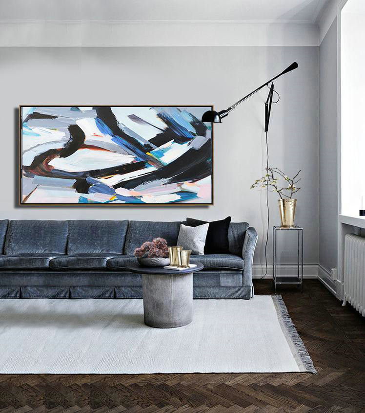 Original Artwork Extra Large Abstract Painting,Horizontal Palette Knife Contemporary Art Panoramic Canvas Painting,Extra Large Artwork,White,Blue,Black,Grey.etc